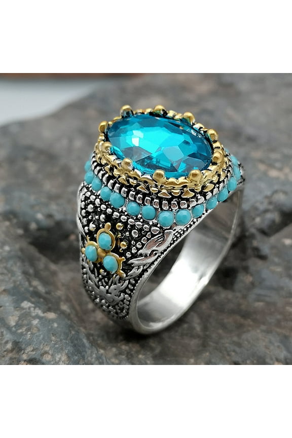 Men Ring Blue Rhinestone Faux Turquoise Sparkling Vintage Wedding Band Ring Jewelry Gifts