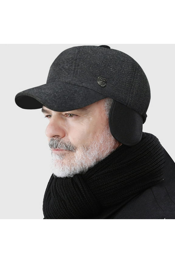 Men Winter Baseball Hat Long Brim Solid Color Windproof Cold Resistant Ear With Earflap Cold Weather Father Outdoor Cap