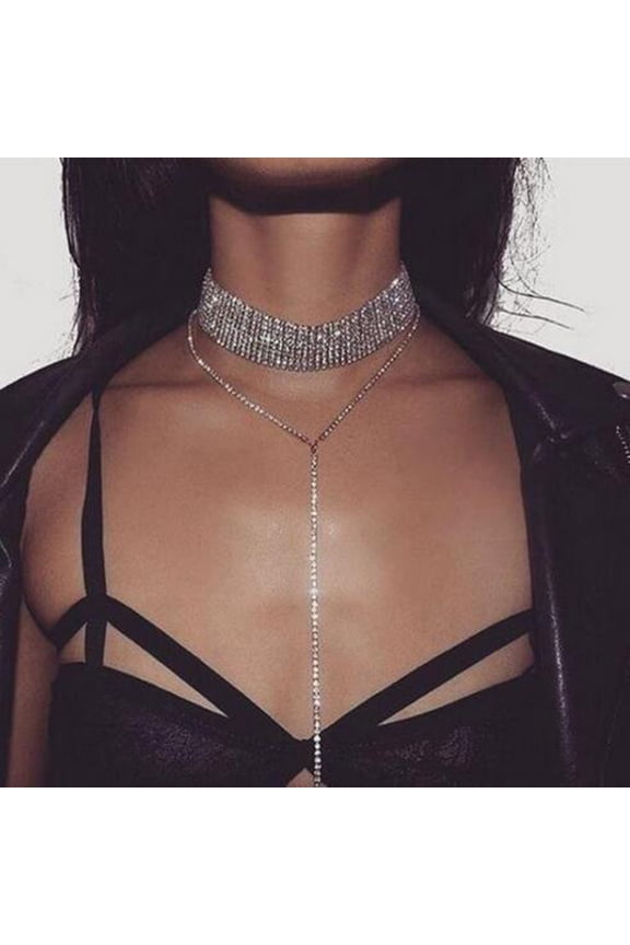 Multilayer Full Rhinestone Pendant Necklace Thick Women Statement