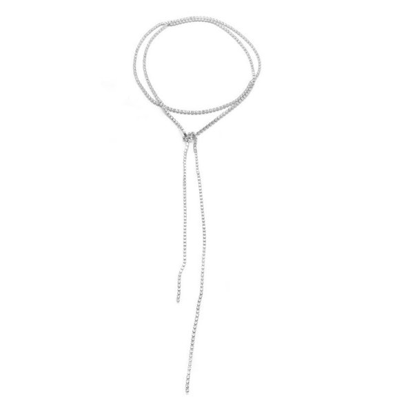 AYYUFE Necklace Rhinestone Inlaid Tie Up Women Long Shiny Choker Necklace Jewelry for Party Rhinestone,Alloy Silver