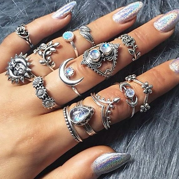 AYYUFE Pack Of 14 Sunflower Moon Shape Women Knuckle Band Rings Set Finger