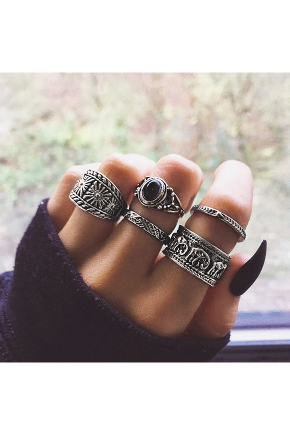 Pack Of 5 Carving Elephant Round Stone Stacking Women Knuckle Ring