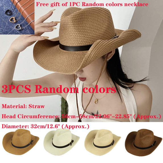 AYYUFE Random colors 3PCS  Hemming Wide Brim Straw Hat Western Cowgirl Jazz Sun Hat With Faux Leather Belt Decor  Accessories