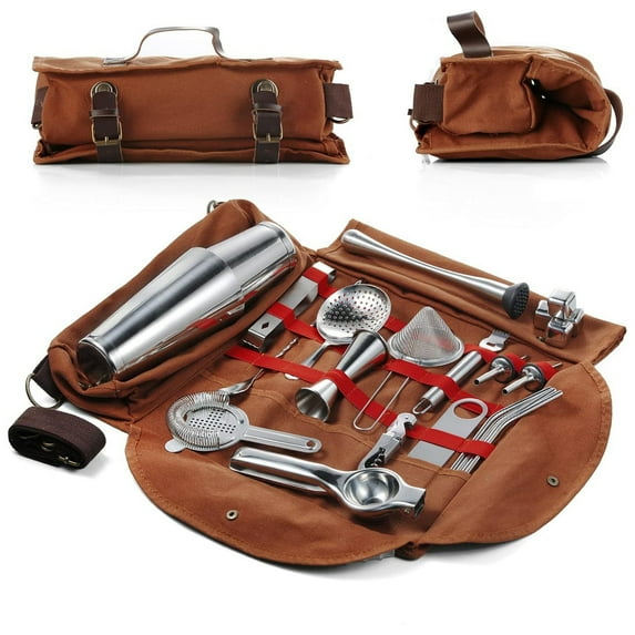 AYYUFE Reinforced Canvas Bartender Storage Organizer Bag with Multiple Compartments, Portable Mixer Tool Holder for Cocktail Accessories, Durable Waterproof Bar Equipment Organizer