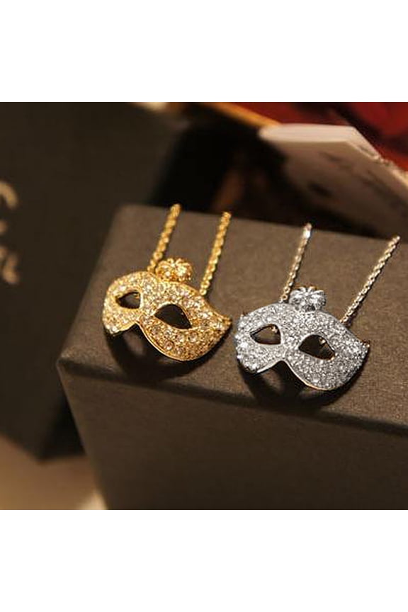 Rhinestone Inlaid Flower Fox Masquerade Mask Pendant Clavicle Chain Necklace