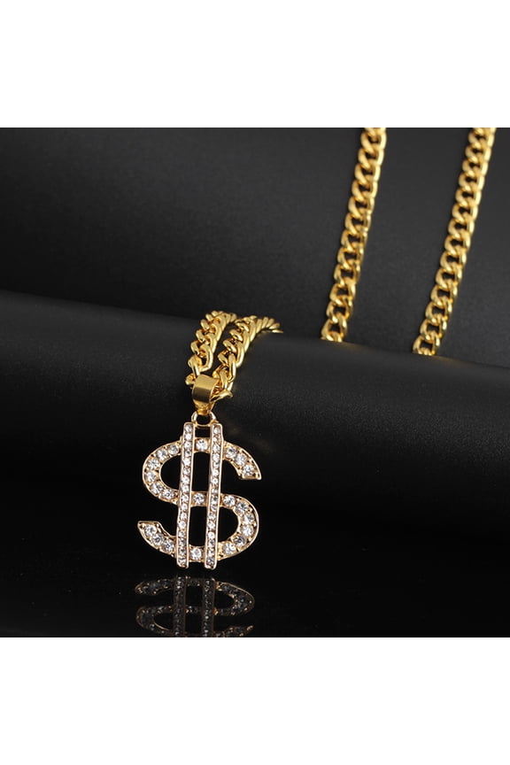 Rhinestone US Dollar Money Pendant Long Chain Necklace Hip Hop