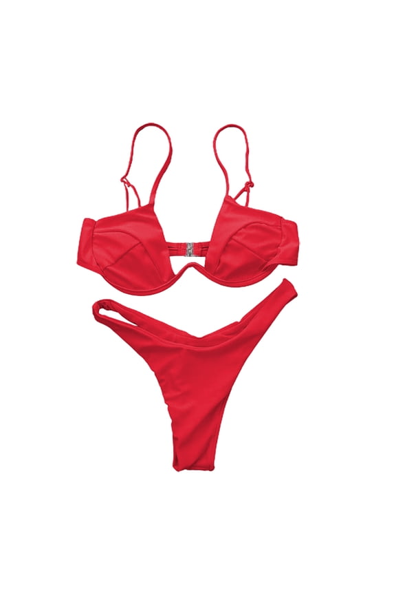 Sexy Women Solid Color Swimsuit Underwired Bra G-string Briefs Beach Bikini Set