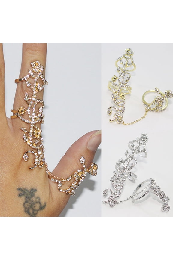 Shining Decorative Double Finger Rings Alloy Full Rhinestone Rose Flower Chain Link Rings Jewelry Gift