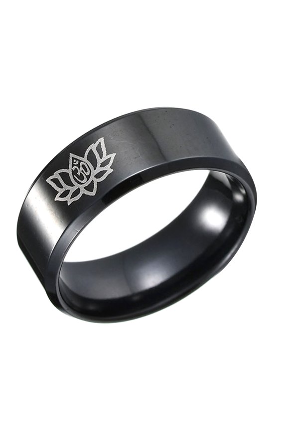 Simple Titanium Steel Unisex Yoga Om Lotus Pattern Finger Ring Band Jewelry Titanium Steel Black