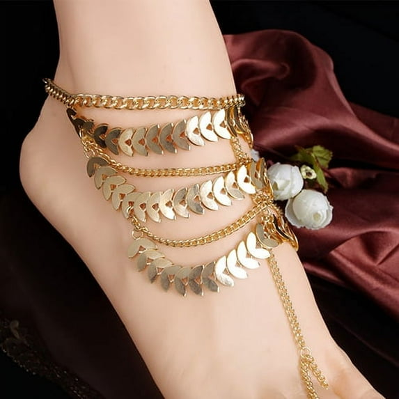 AYYUFE Tassel Ankle Bracelet Multi-Layer Anklet Golden Leaves Chain Toe Ring Barefoot