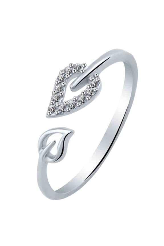 Unique Adjustable Hollow Heart Leaf Rhinestone Opening Finger Ring Women Jewelry Alloy Silver