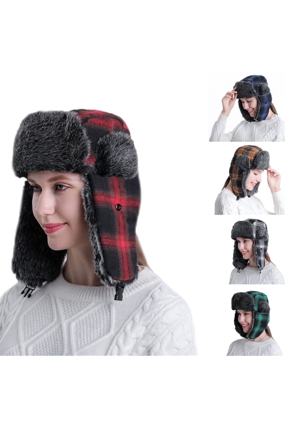 Unisex Ear Warmer Thick Winter Lei Feng Lattice Plaid Trapper Hat for Cycling