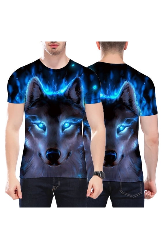 Unisex Vivid 3D Wolf Printed Short Sleeve T-shirt Round Neck Plus Size Tee Top - Black - M
