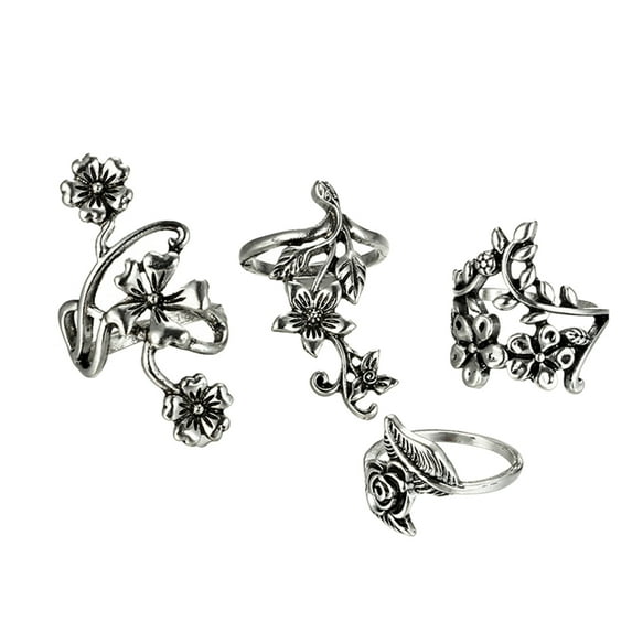 AYYUFE Vintage Flowers Vines Leaves Finger Rings Set Women Charm Jewelry Decoration Alloy Silver