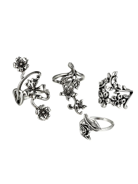 Vintage Flowers Vines Leaves Finger Rings Set Women Charm Jewelry Decoration Alloy Silver