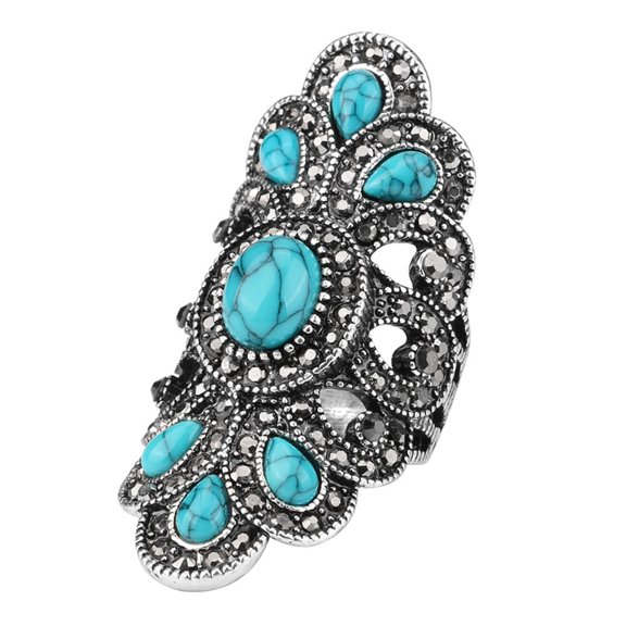 AYYUFE Vintage Inlaid Turquoise Rhinestone Finger Ring Hollow Party Symmetric Jewelry Rhinestone,Alloy,Turquoise Multi-col