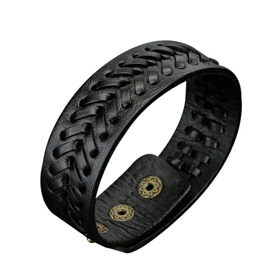 AYYUFE Vintage Men Faux Leather Wide Braided Bracelet Cuff Button Wristband Bangle Faux Leather + Alloy Black