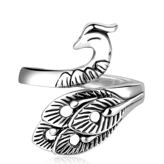 AYYUFE Vintage Silver Pleated Engraved Peacock Women Open Ring Finger Jewelry Gift Copper Silver