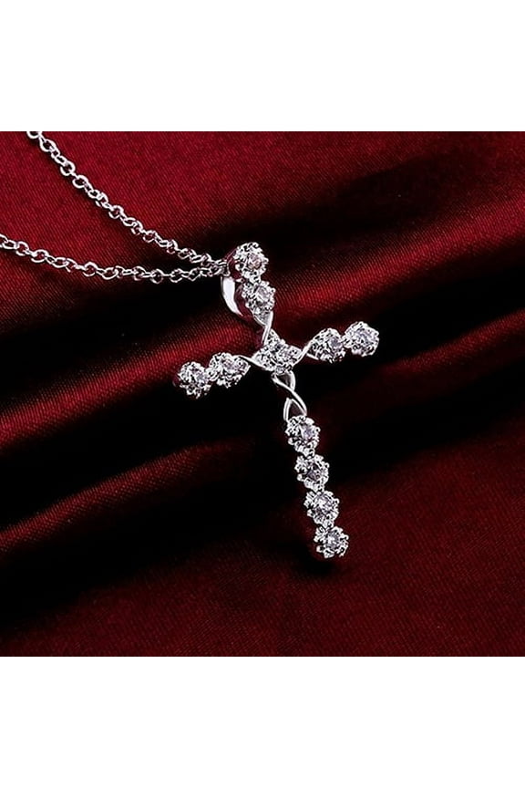 Women 925 Sterling Silver Plated Cross Zircon Pendant Necklace Chain