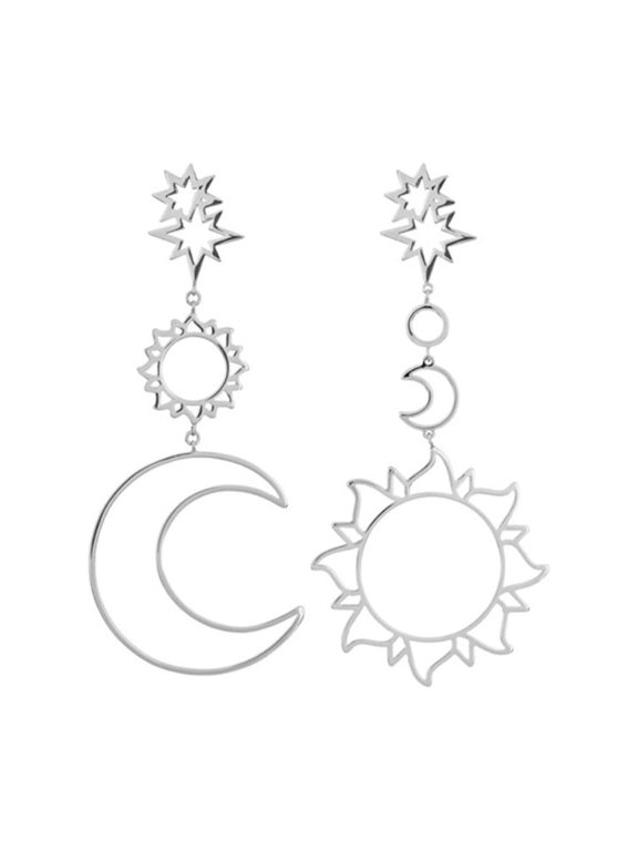 Women Boho Asymmetrical Hollow Star Sun Moon Drop Dangle Earring Jewelry Alloy Silver