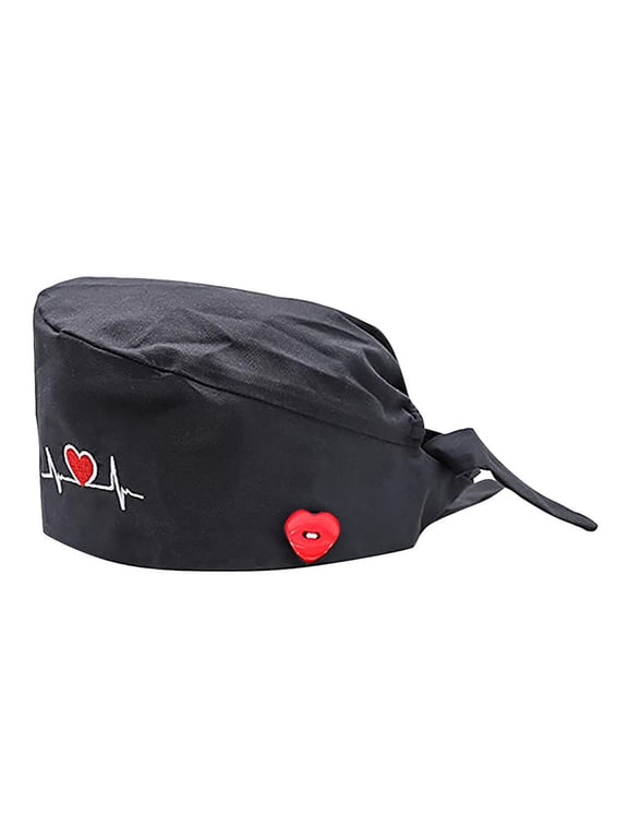 Women ECG Heart Embroidery Adjustable Dustproof Button Scrub Cap Bouffant Hat