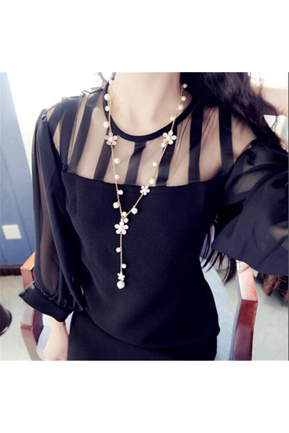 Women Elegant Pearl Flower Sweater Chain Long Pendant Necklace
