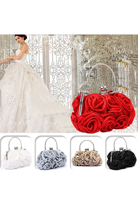 Women Fashion Rose Flower Pattern Clutch Bag Evening Party Bridal Handbag