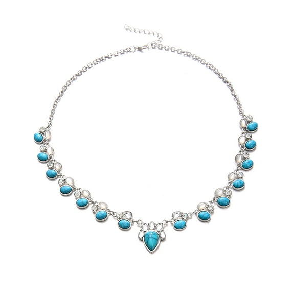 AYYUFE Women Faux Opal Turquoise Pendant Chain Choker Necklace Party Jewelry Alloy, Faux Opal, Faux Turquoise Silver