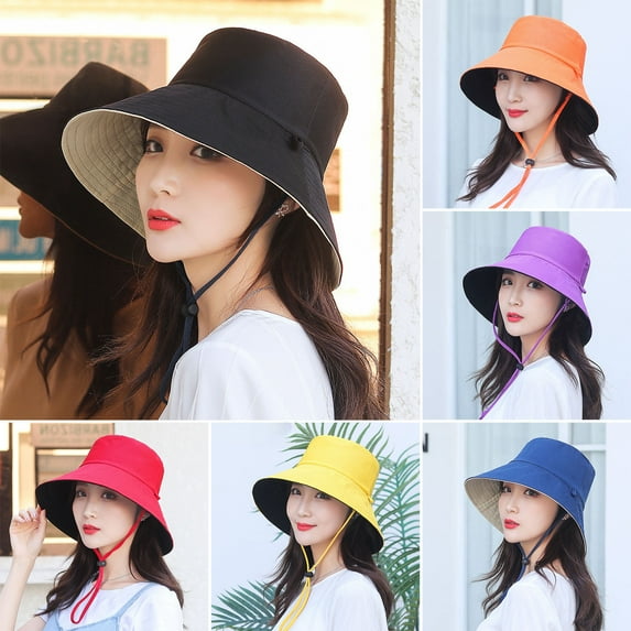 AYYUFE Women Fisherman Hat with Adjustable Fastening Strap Wide Birm Flat Top Solid Color Sunscreen Anti-UV Summer Hat Outdoor Supply for Summer