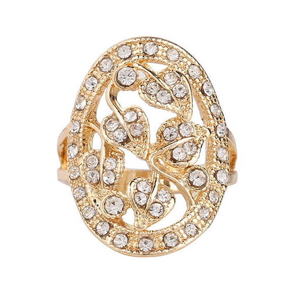 AYYUFE Women Luxury Golden Color Leaves Hollow Rhinestone Wedding Banquet Ring Jewelry Alloy, Rhinestone Gold