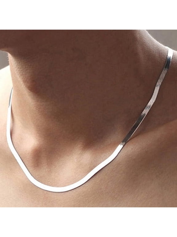 Women Men Silver Plated Flat Snake Chain Herringbone Choker Necklace