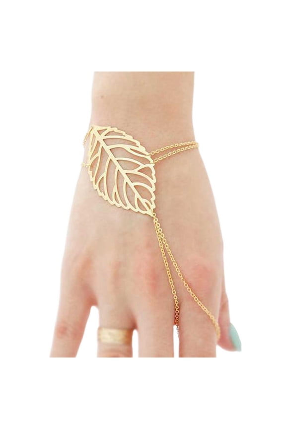 Women Multi-layer Hollow Leaf Finger Ring Bangle Chain Bracelet Simple Jewelry Alloy Gold