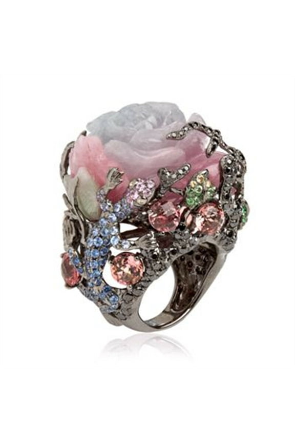 Women Multicolor Big Oval Faux Moonstone Carved Flowers Ring