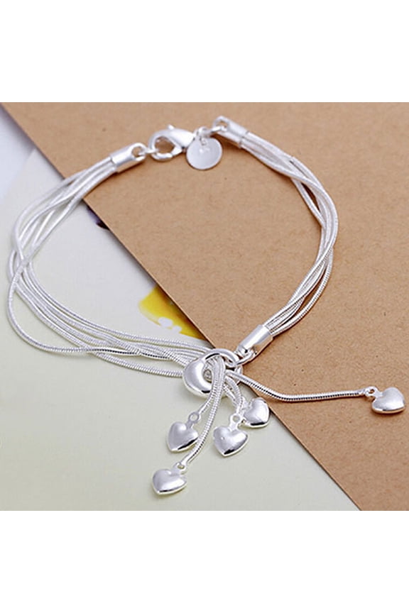 Women Multilayer Five Hearts Silver Plated Hand Chain Bracelet