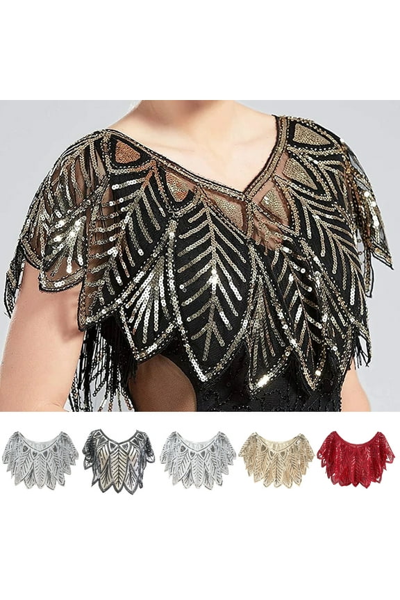 Women Party Shawl Sequin Summer Short Thin Coat V Neck See-through Gauze Leaf Shape Embroideried Beaded Capelet Sparking Cape