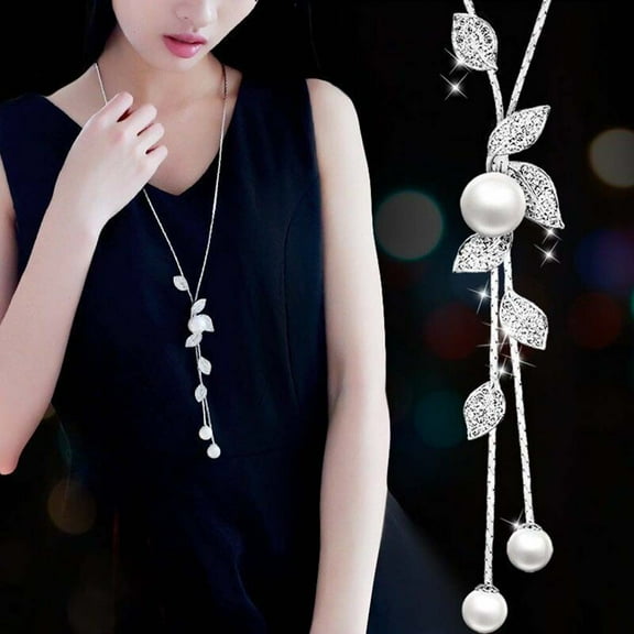 AYYUFE Women Pearl Rhinestone Leaves Pendant Long Chain Necklace