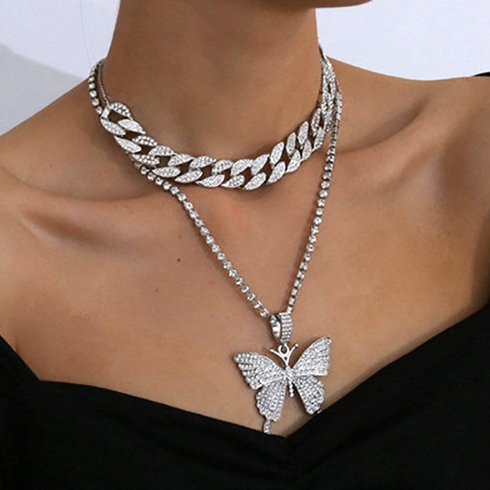 AYYUFE Women Punk Rhinestone Butterfly Pendant Chain Necklace Walmart