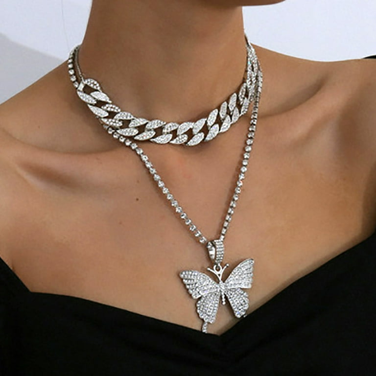 AYYUFE Women Punk Rhinestone Butterfly Pendant Chain Necklace