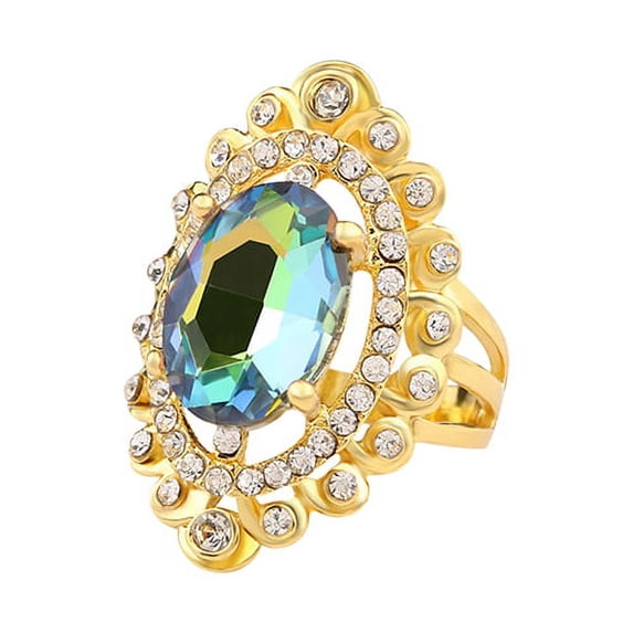 AYYUFE Women Rainbow Color Big Ellipse Glass Rhinestone Hollow Party Ring Gift Jewelry Glass, Alloy, Rhinestone Beige