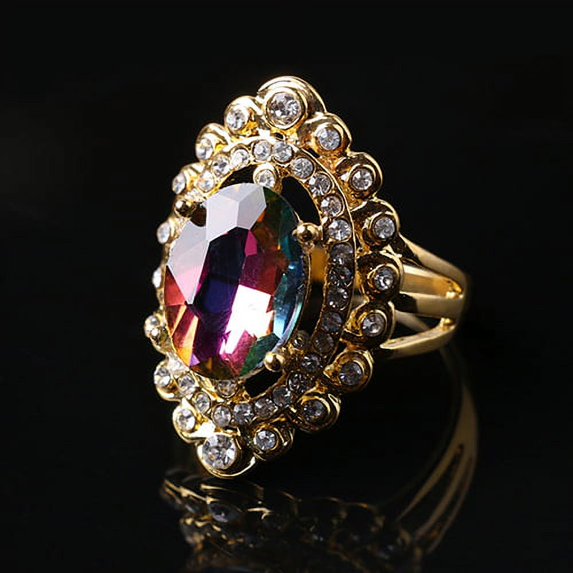 AYYUFE Women Rainbow Color Big Ellipse Glass Rhinestone Hollow Party Ring Gift Jewelry Glass, Alloy, Rhinestone Red