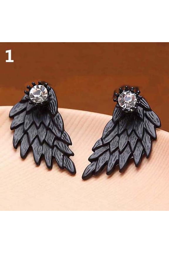 Women Retro Gothic Cool Jewelry Angel Wing Rhinestone Ear Jacket Earrings Alloy, Rhinestone Black