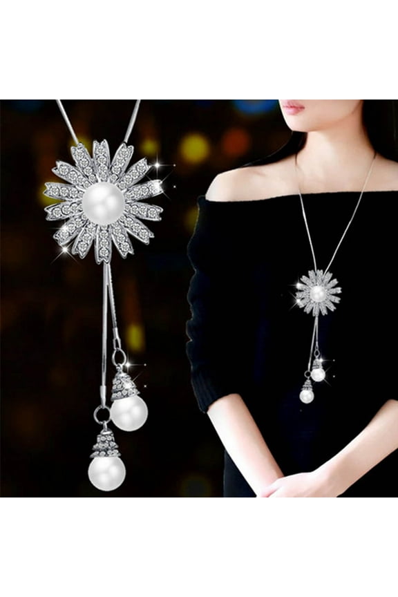 Women Rhinestone Imitation Pearl Sunflower Pendant Long Chain Necklace