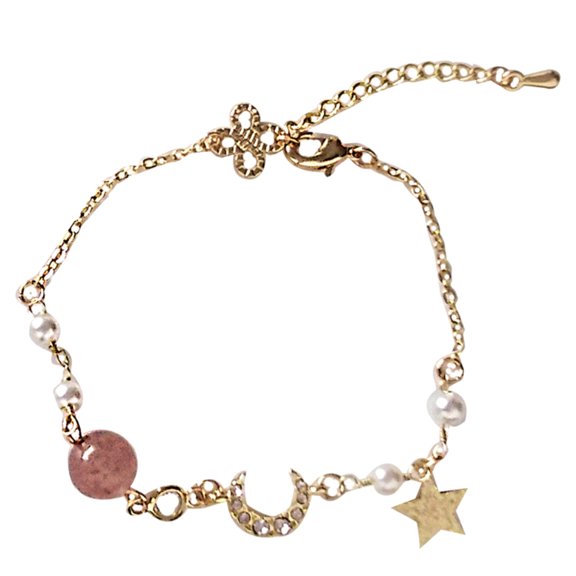 AYYUFE Women Rhinestone Star Moon Bead Charm Chain Bracelet Bangle Jewelry Gift Alloy, Rhinestone Pink