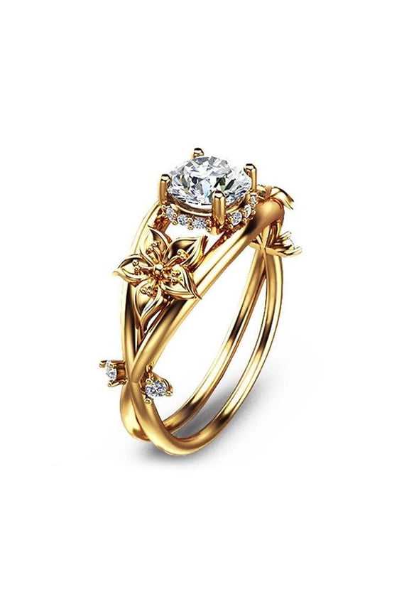 AYYUFE Women Ring Floral Double Layer Jewelry Sparkling Appearance Finger Ring for Wedding Alloy Gold