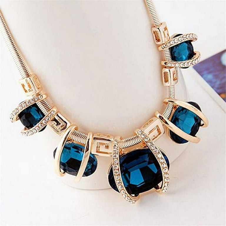 AYYUFE Women Shiny Pendant Chain Choker Short Statement Bib Blue