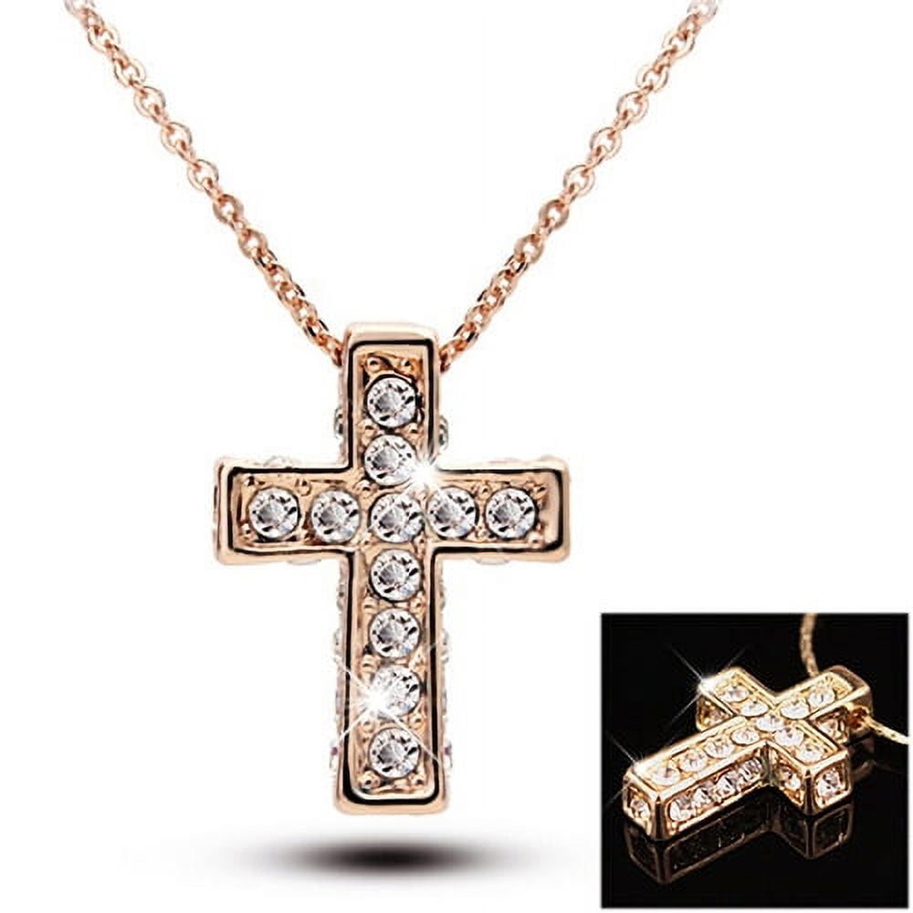 Rhinestone Cross Necklace and Stud Earring Set - Silver