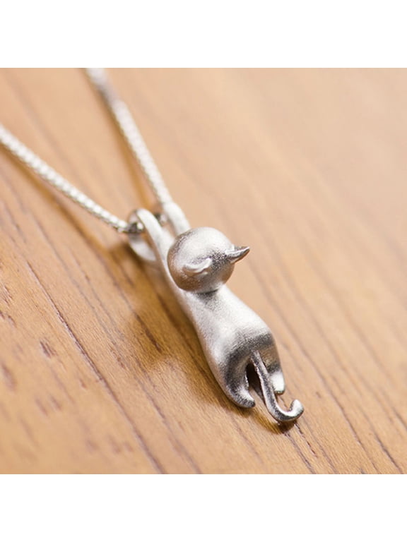 Women Silver Plated Climbing Cat Pendant Necklace