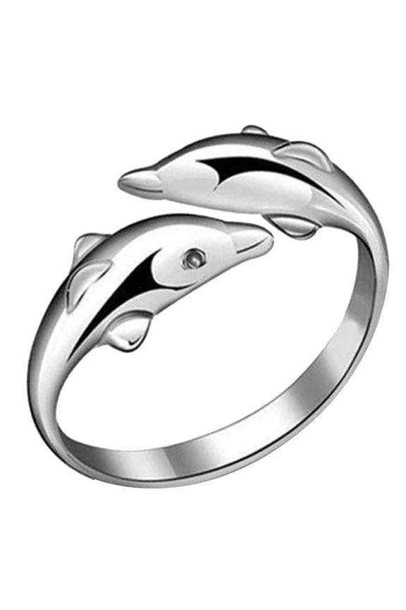Women Silver Plated Double Dolphin Opening Adjustable Finger Ring Gift Alloy Silver