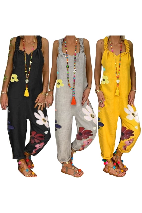 Women Sleeveless Bib Overall Backless Floral Print Loose Jumpsuit Dungarees