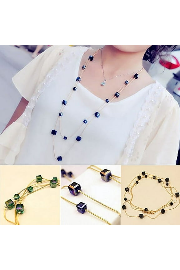 Women Sweater Necklace Sweater Long Chain Multi-Layer Simple Style Easy to Fit Women Square Rhinestones Beads Alloy Chain Long Sweater Necklace